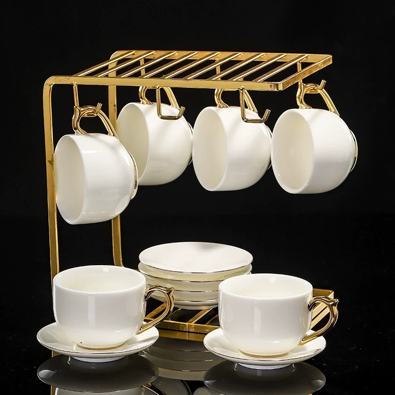 高档羊脂玉白瓷茶杯套装纯色现代轻奢带杯架家用办公泡茶杯咖啡杯