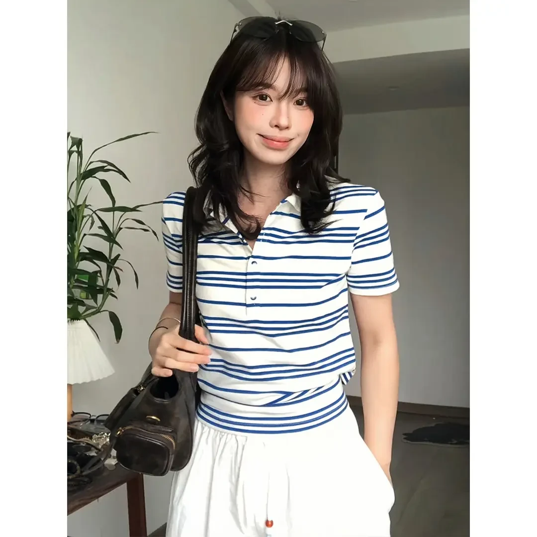 蓝白条纹polo衫t恤女夏季穿搭正肩短袖修身显瘦美式复古上衣潮