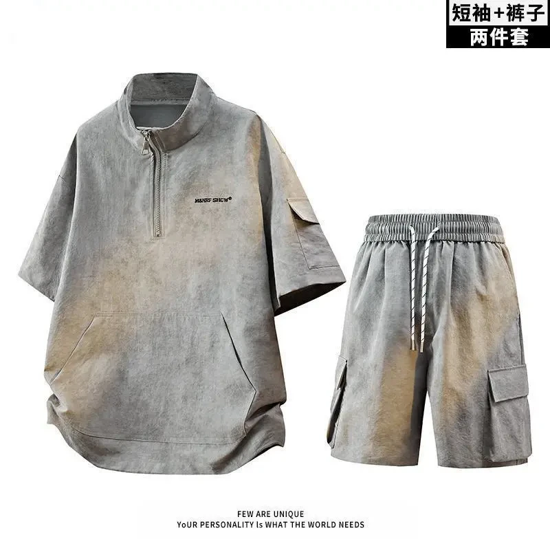 休闲套装夏季扎染脏脏款宽松大码男装帅气潮流短裤短袖T恤一整套