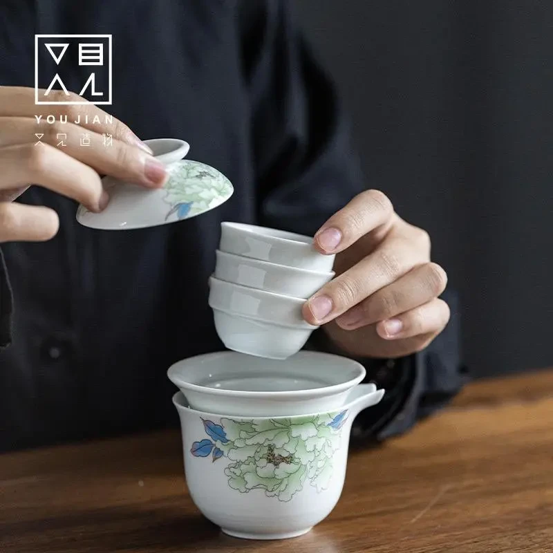 一鸣 陶瓷花快客杯清新简约户外便携出行功夫茶具旅行茶具H156