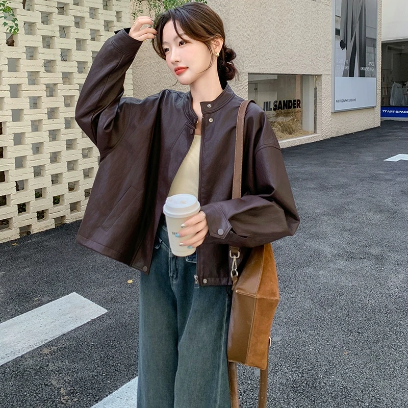 美式高级感时尚咖色皮衣外套女2024春秋新款小个子气质机车服夹克
