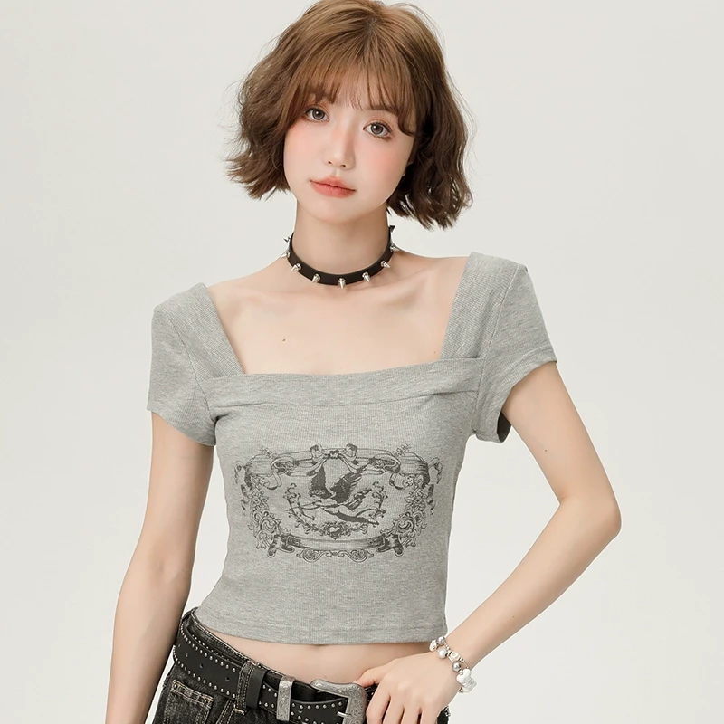 Girlyhalo美式辣妹方领正肩短袖t恤女9646印花修身显瘦短袖女t恤