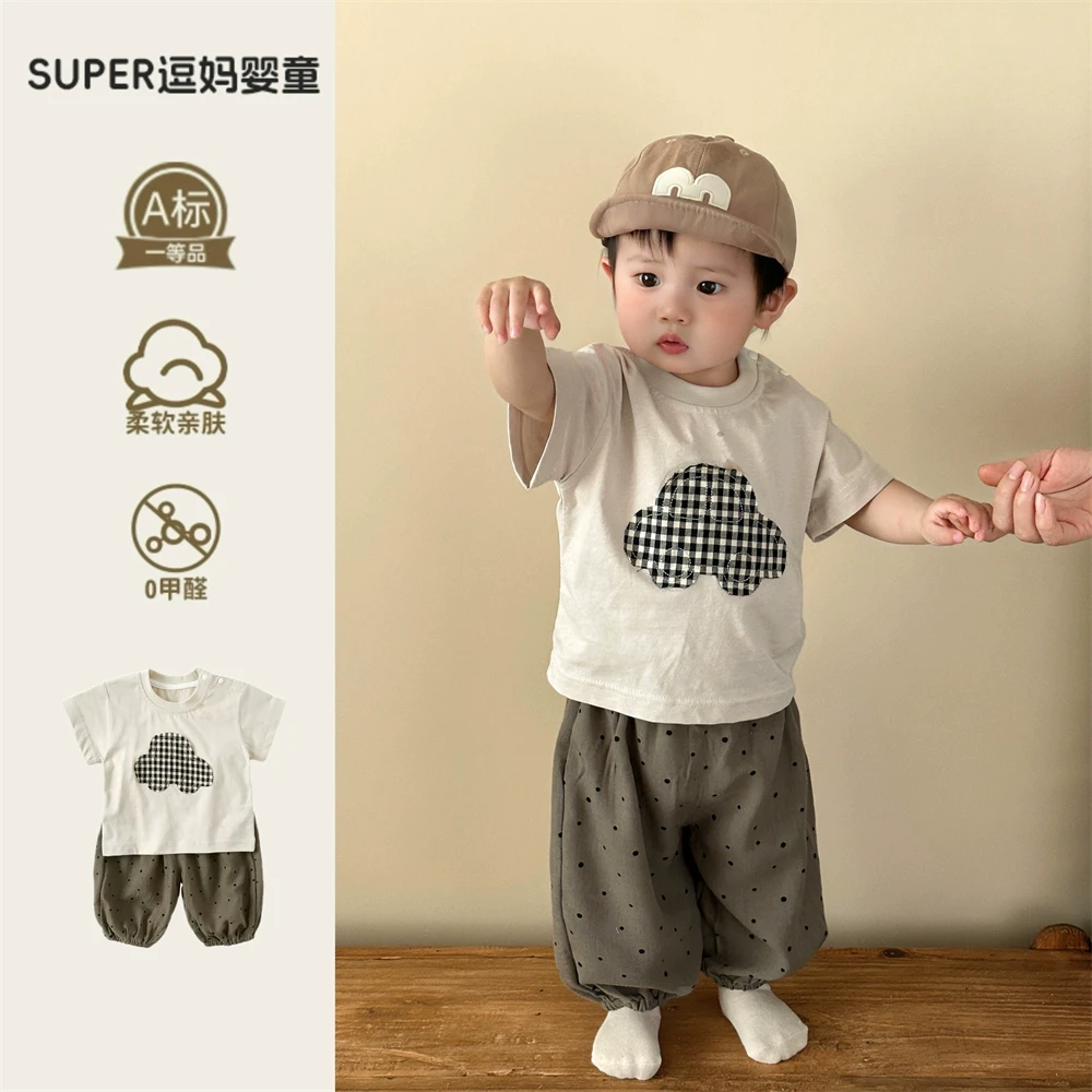 男童潮帅气时髦套装宝宝衣服夏季超萌韩系短袖上衣波点裤两件套夏