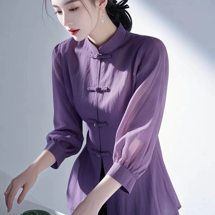 奥莱品牌新中式紫色衬衫春装高级感轻奢设计感法式国风盘扣上衣女