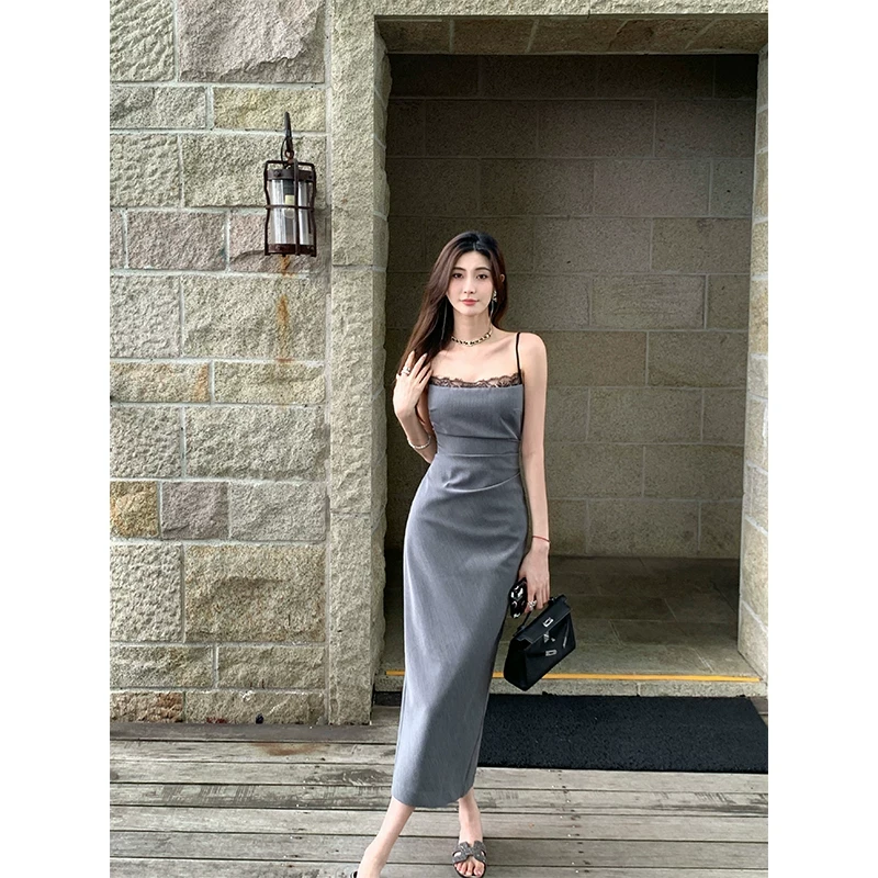 钱安安灰色吊带西装中长款小礼服蕾丝拼接褶皱包臀裙连衣裙子女夏