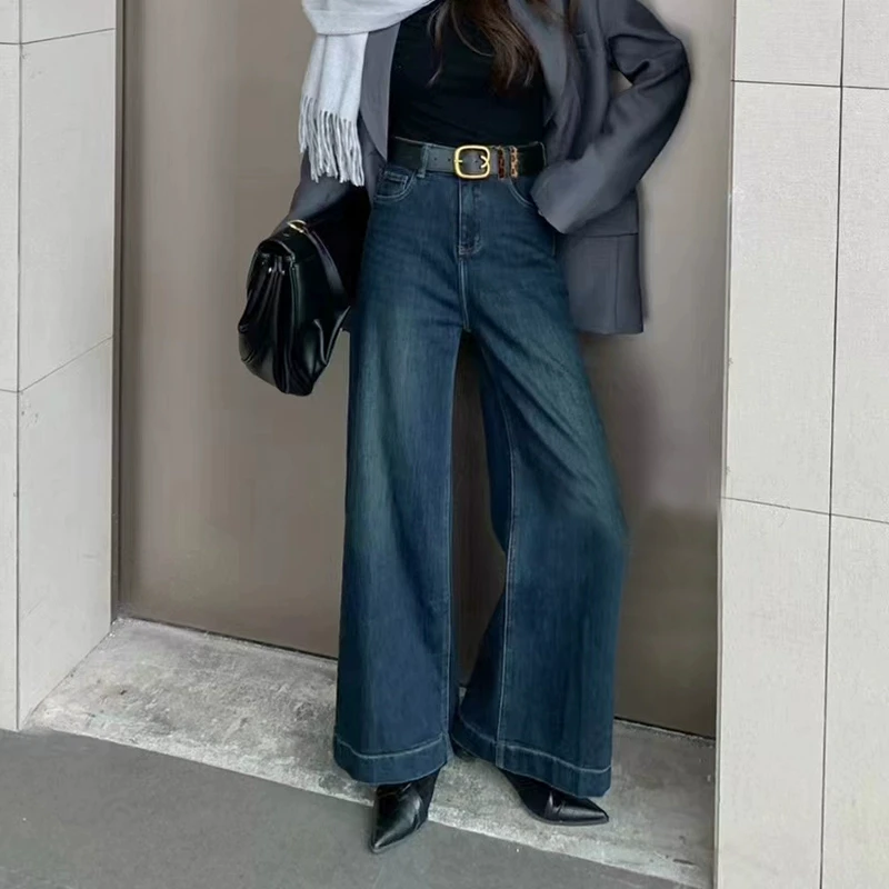 爆犀牛2024秋冬新款高腰复古阔腿牛仔裤女宽松显瘦加绒直筒大腿裤