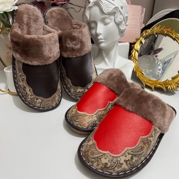 头层牛皮真皮男女冬季居家室内防滑保暖棉拖鞋