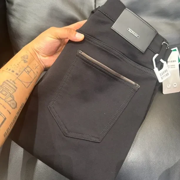 85711新版轻奢商务修身小直角纯黑色牛仔裤男士