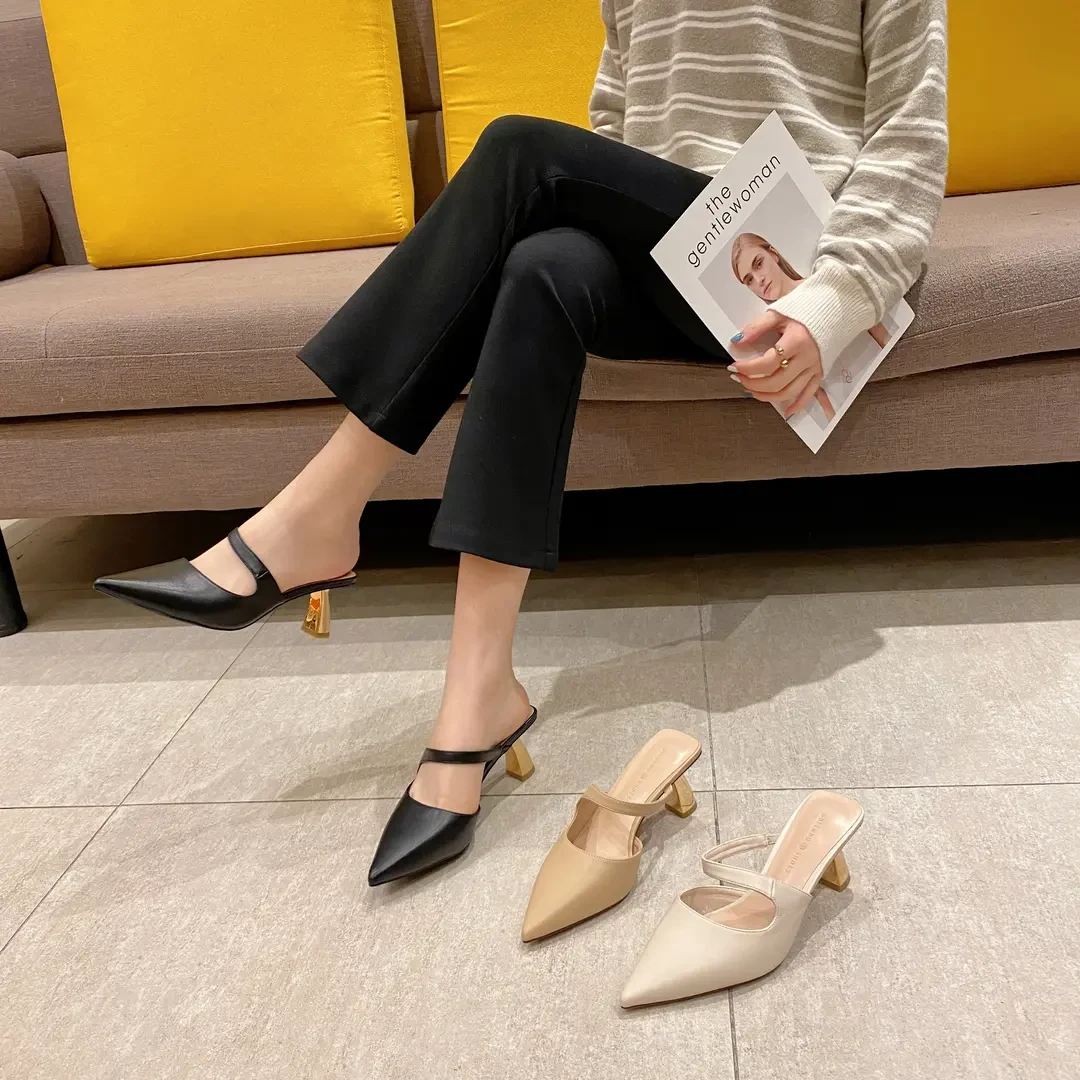 绝美包头凉鞋女夏季时尚百搭气质女士高跟鞋尖头细跟一字带半拖鞋