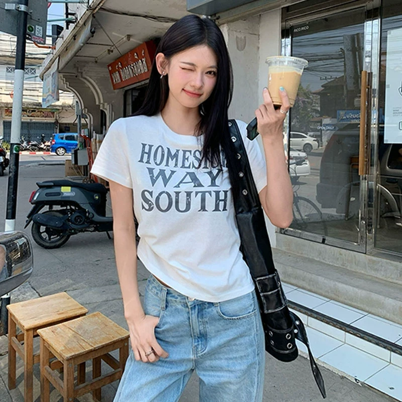 韩系设计感字母印花短袖T恤女2025夏季新款时尚宽松显瘦圆领上衣