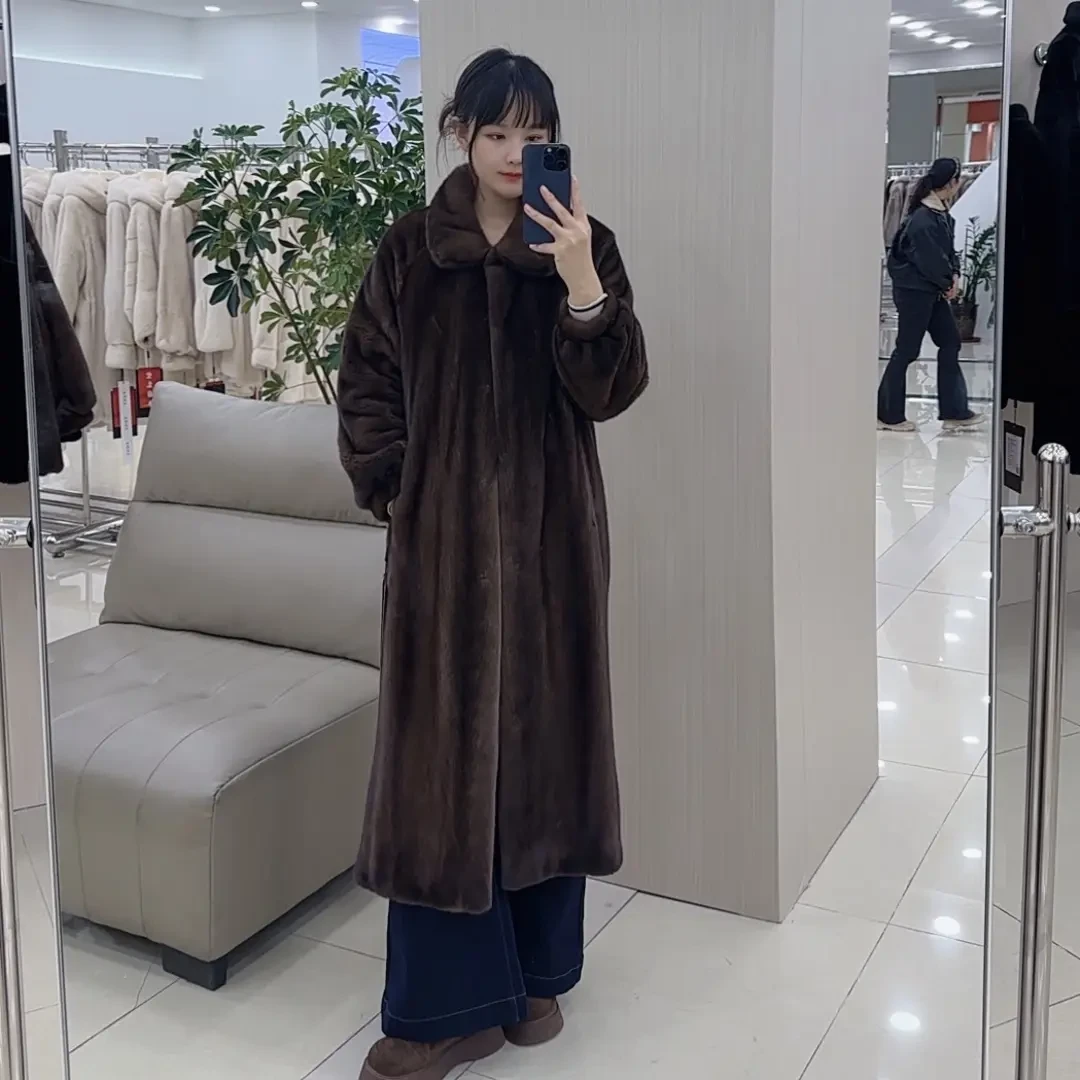 紫裘国际貂皮大衣女咖啡翻领灯笼袖全抽天鹅绒整貂长款外套