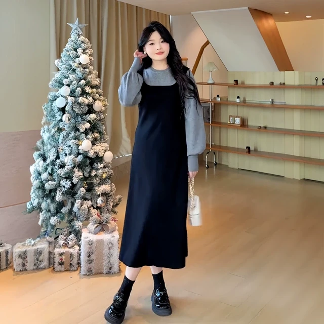 大码假两件圆领针织连衣裙女秋冬新款胖mm收腰遮肚显瘦打底长裙子