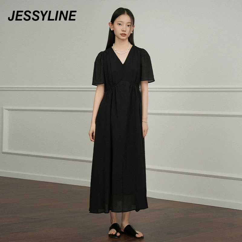 jessyline夏季新款 杰茜莱黑色收腰显瘦连衣裙 425211589