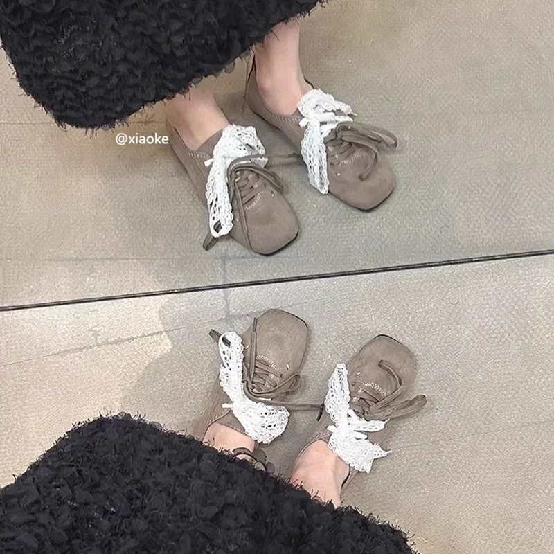 复古方头软底玛丽珍单鞋女2025春季韩版美蕾丝系带平底玛丽珍鞋