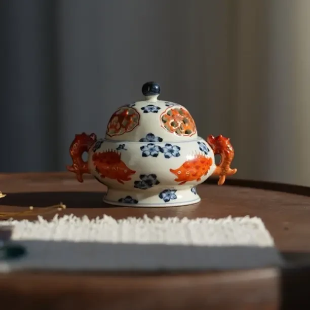 青花矾红桃花鳜鱼香炉茶器茶道具