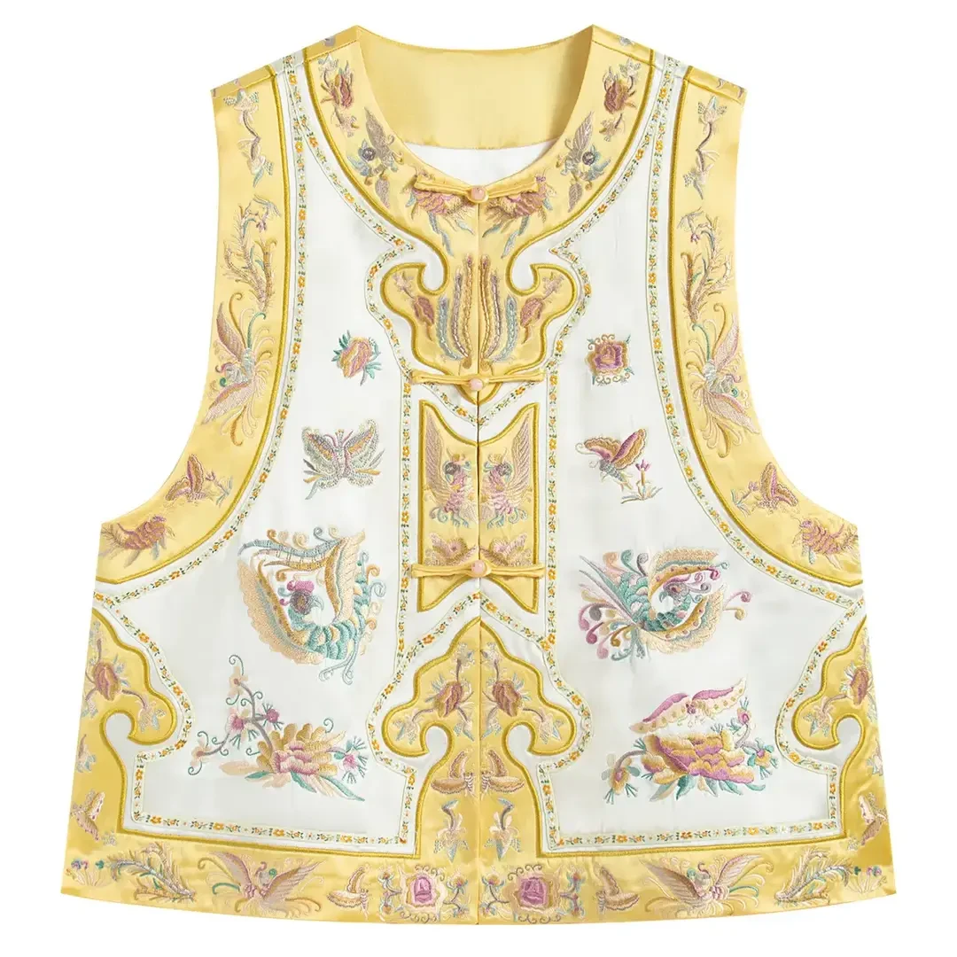 新中式中国风重磅醋酸刺绣高级圆领对襟减龄马甲女国潮深圳南油