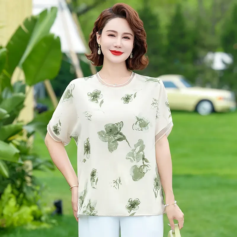 F502中年女装雪纺短袖女洋气2024夏装新款中老年妈妈宽松T恤小衫