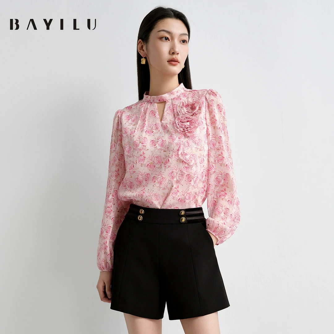 【小铃铛】芭依璐2025春季衬衫女印花立体盘花长袖雪纺衫91C1001