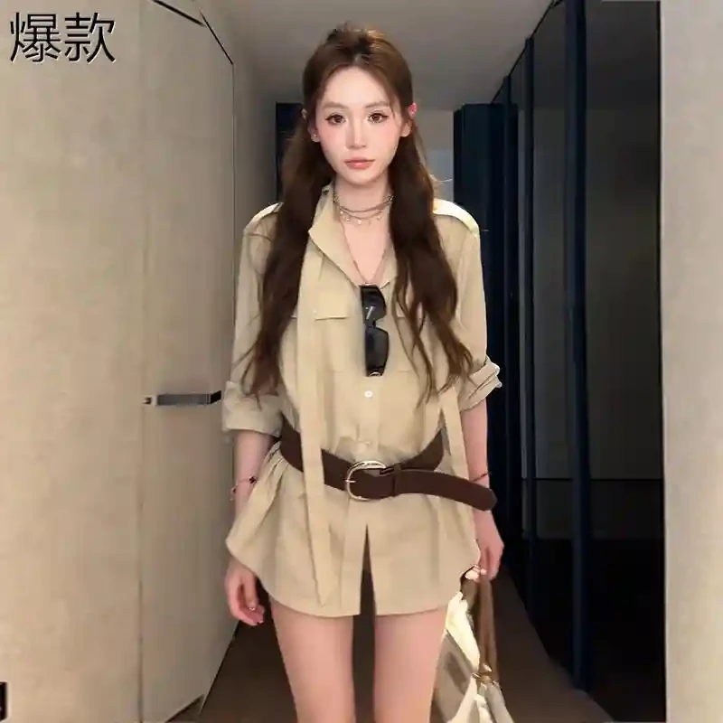 港风复古气质设计感中长款工装棉麻衬衫女夏季薄款松驰感宽松衬衣