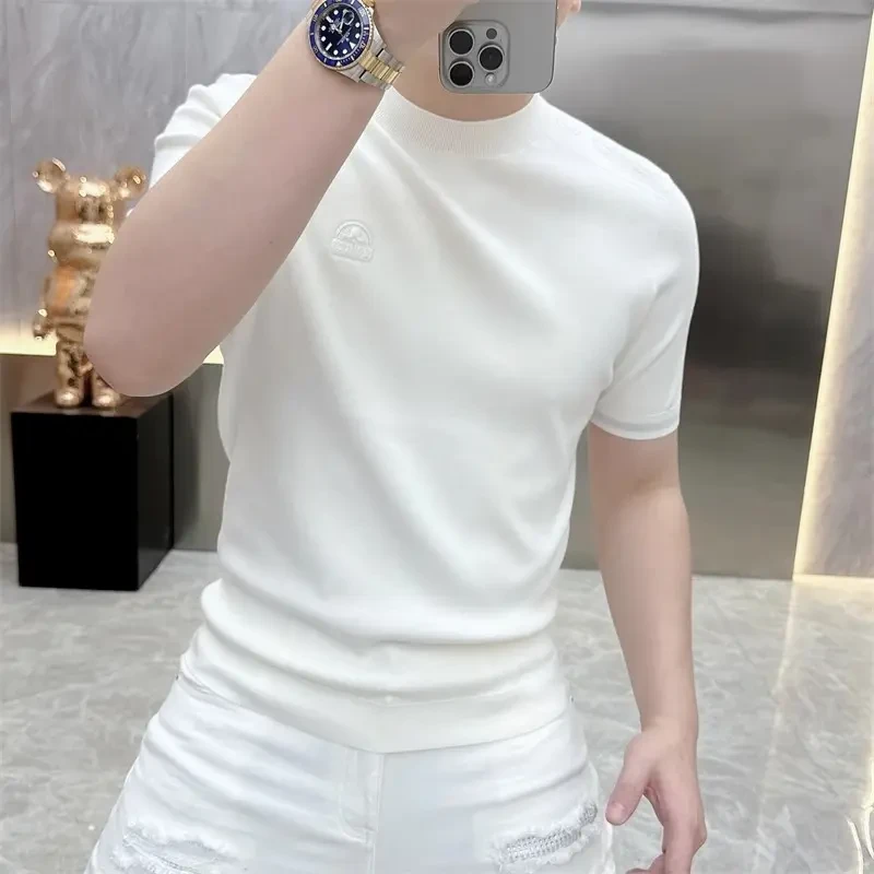2025欧货轻奢男士针织冰丝短袖T恤纯色时尚百搭夏季半袖上衣25226