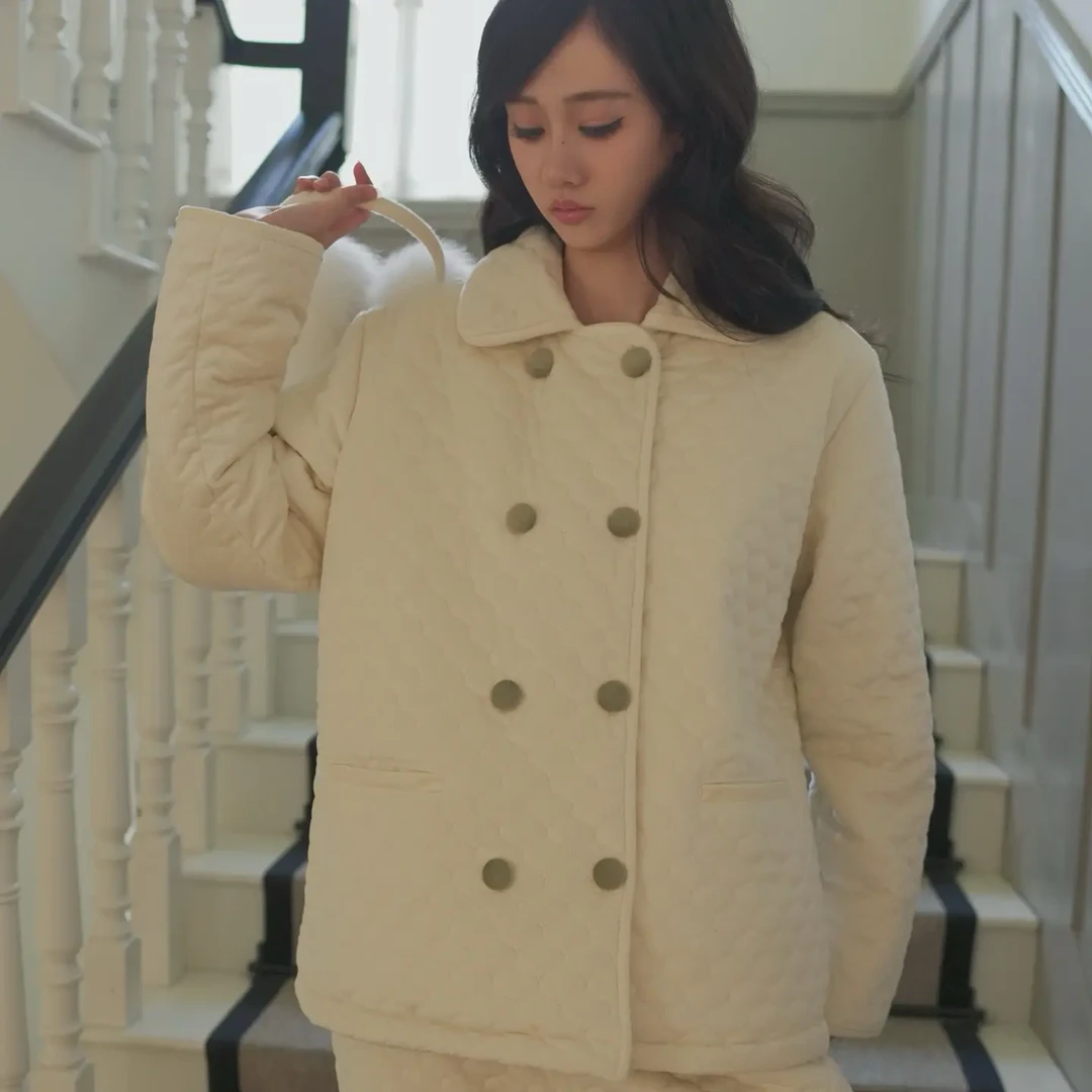 气质减龄单排扣菱格三层加绒保暖可外穿家居服