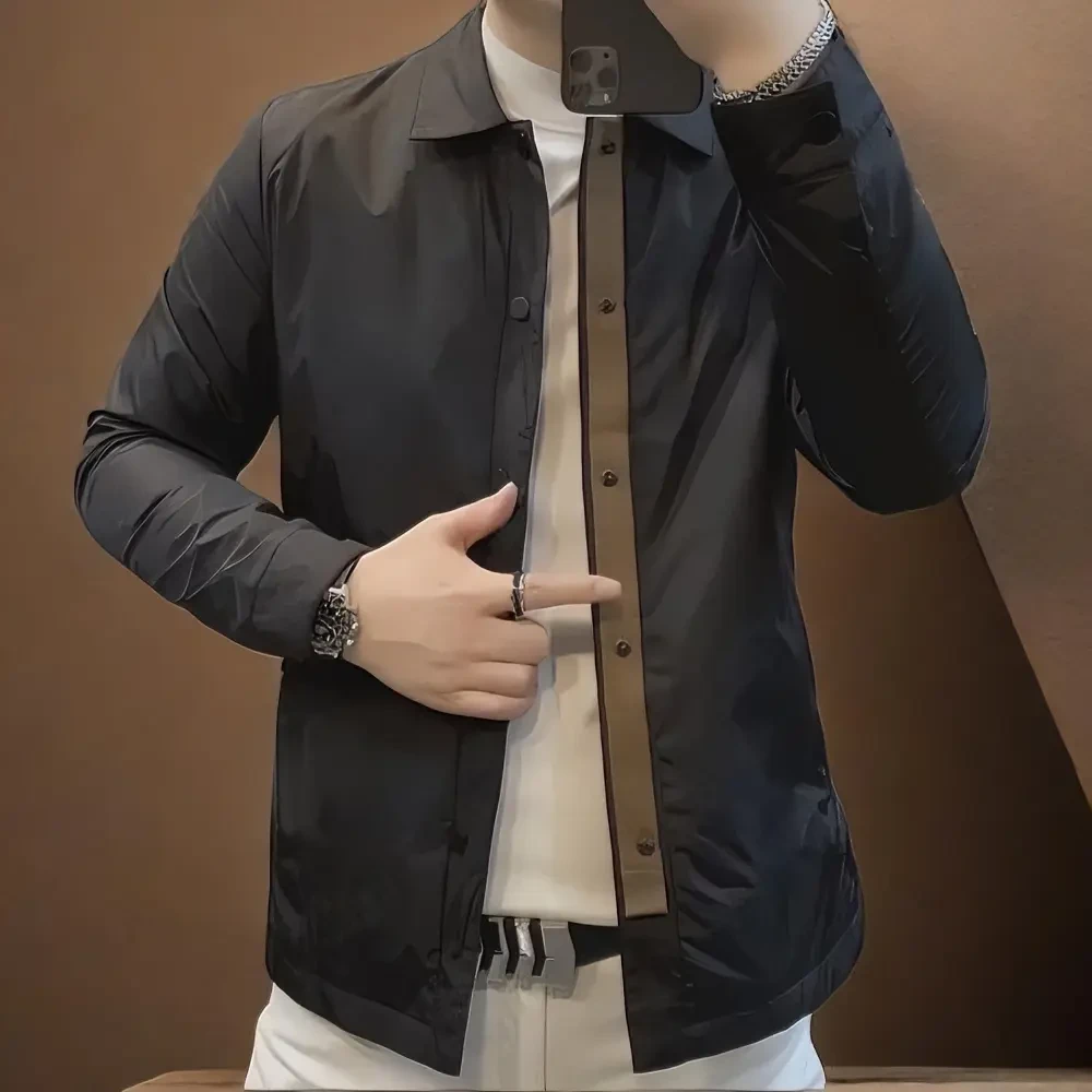 春秋黑色休闲韩版夹克外套男士轻薄时尚百搭商务翻领简约纯色男款