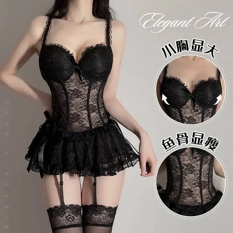 性感蕾丝女士纯欲风显瘦聚拢镂空塑身吊带睡裙欧美鱼骨塑形睡衣