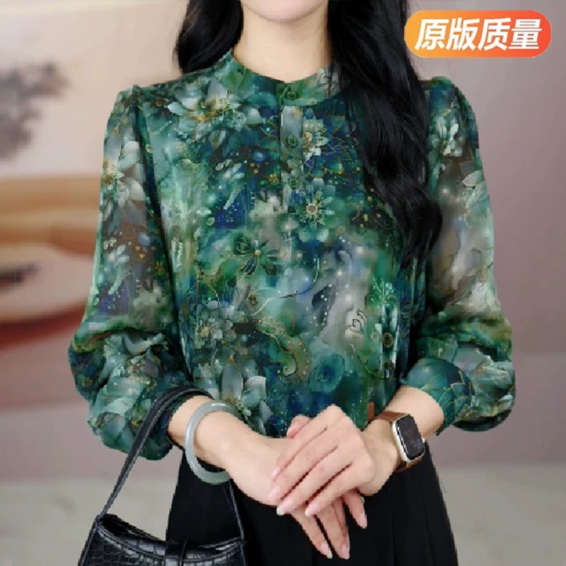 雪纺衬衫女长袖秋季新款绿色碎花小衫