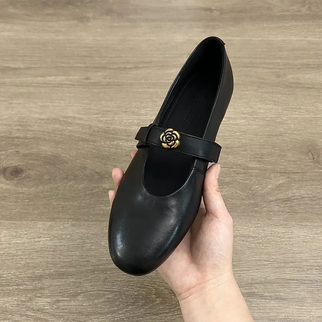 轻奢复古山茶花头层小牛皮女英伦风通勤一字带低跟玛丽珍单鞋
