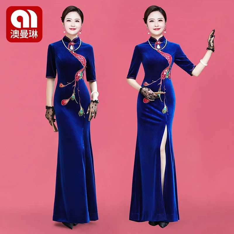 走秀改良显瘦气质旗袍加长款日常可穿修身刺绣形体服金丝绒演出服