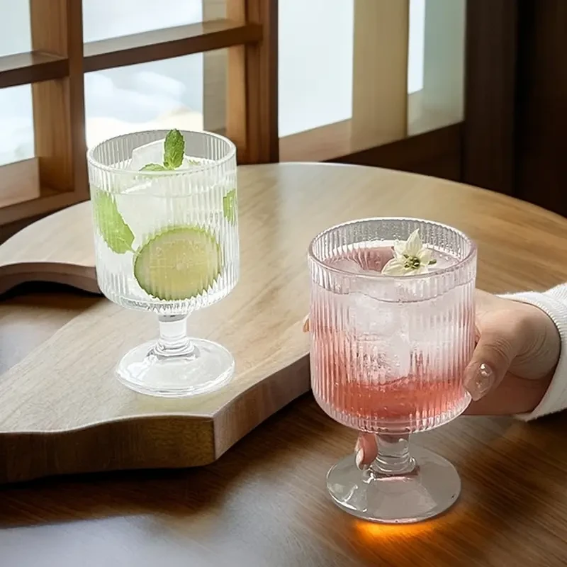 【1只】ins欧式高颜值加厚竖条纹玻璃杯果汁杯甜品高脚洋酒杯喝水杯