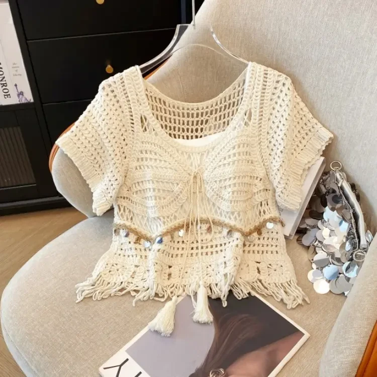 新款圆领短袖短袖钩花镂空编织针织上衣女装宽松外搭短款百搭罩衫