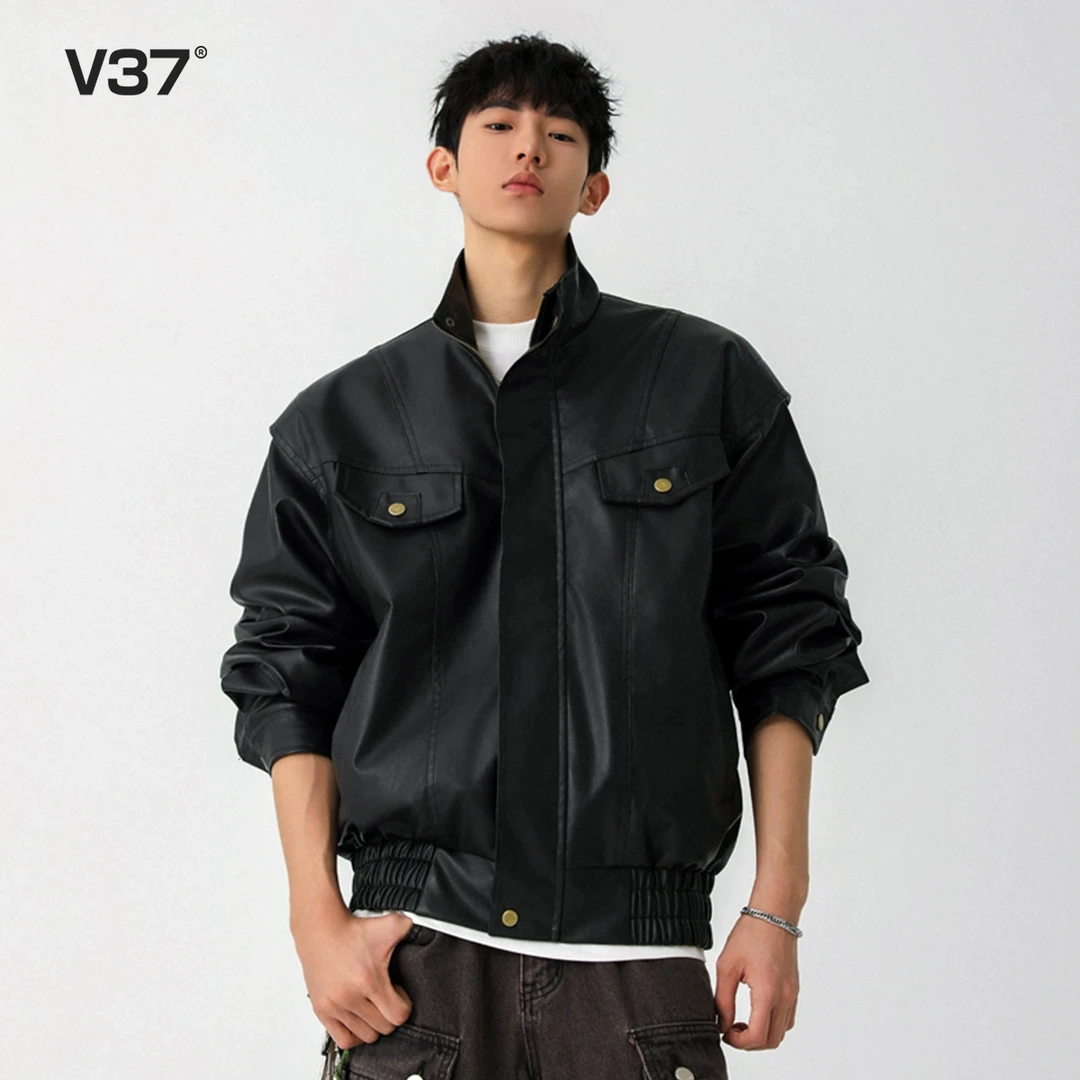 V37高级感痞帅皮衣外套男2025春秋季美式vintage高街宽松休闲夹克