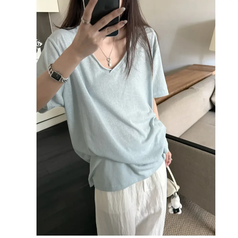 1178-夏季休闲松弛感雪花棉肌理卷边V领短袖宽松慵懒T恤女上衣