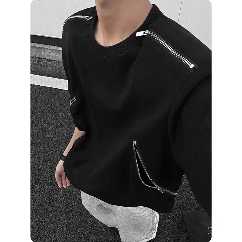 cleanfit黑色多拉链纯棉T恤男短袖夏季美式高街vibe小领口五分袖