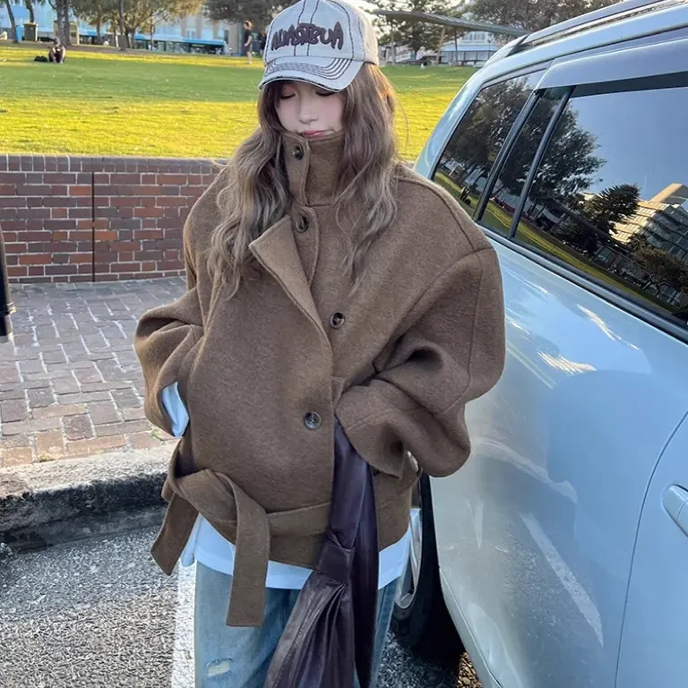 【甜糖】~韩系立领短款毛呢外套女2025秋冬新款小个子系带呢子大衣