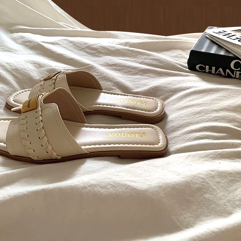 ins杨幂同款老钱风一字拖女夏凉鞋外穿绝美沙滩海边平底凉拖鞋潮