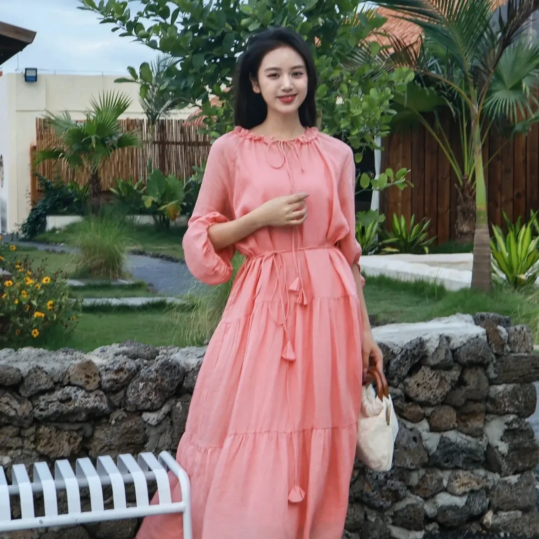 浪漫轻薄苎麻度假风连衣裙气质长袖百搭春夏收腰