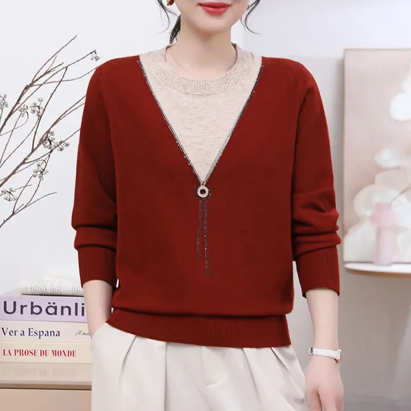 妈妈毛衣春季中年女装针织小衫外穿上衣中老年春秋款打底衫两件套