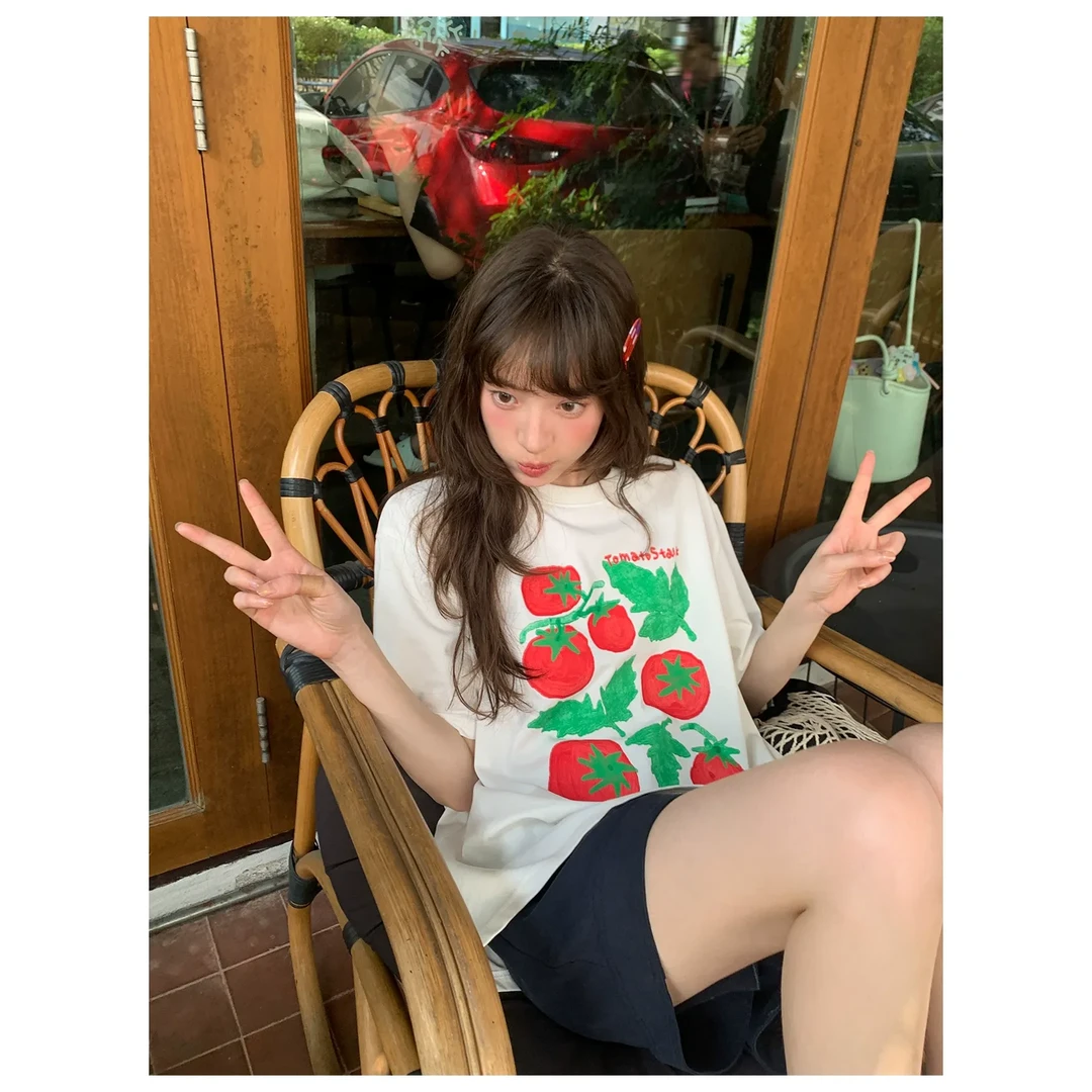 你好卡农 原创番茄印花休闲短袖t恤独特宽松纯棉上衣KT25Z5631D