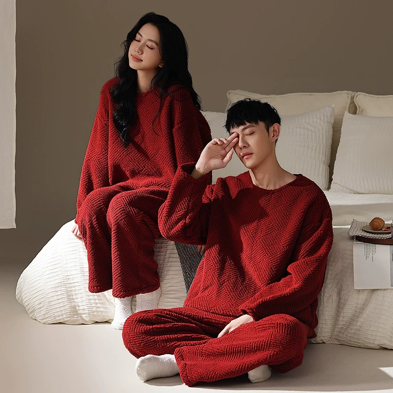 红色新婚结婚情侣睡衣女款秋冬季珊瑚绒加厚本命年男士家居服套装