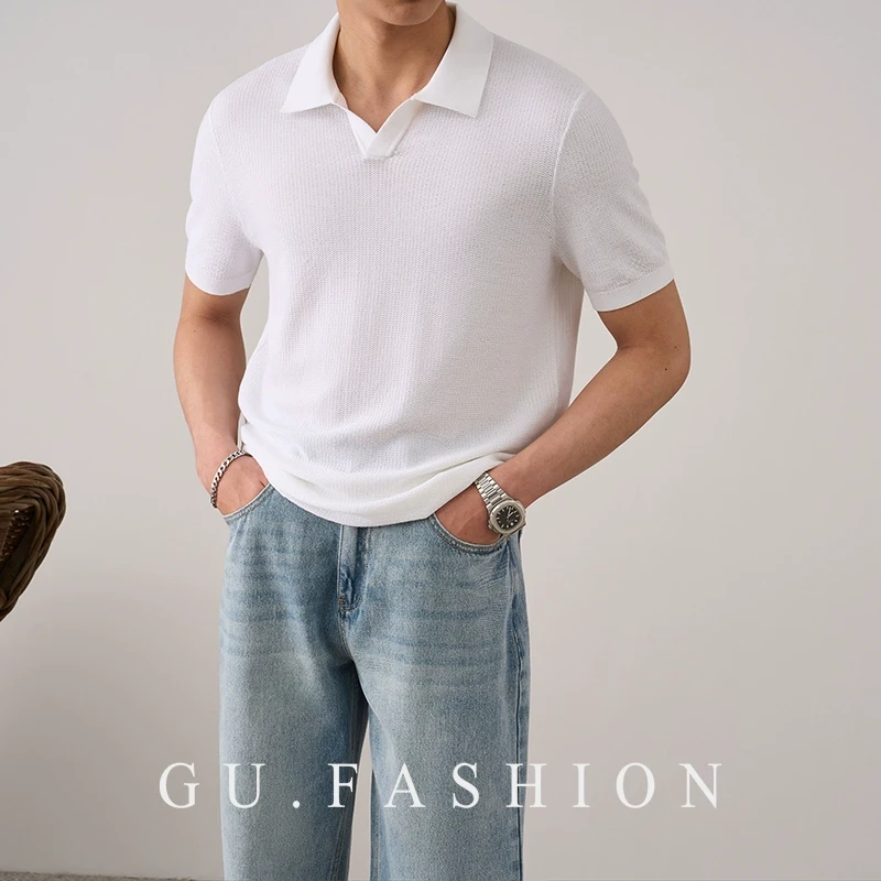 GU FASHION莱赛尔桑蚕丝棉混纺海鸥领针织POLO衫夏季透气条纹短袖