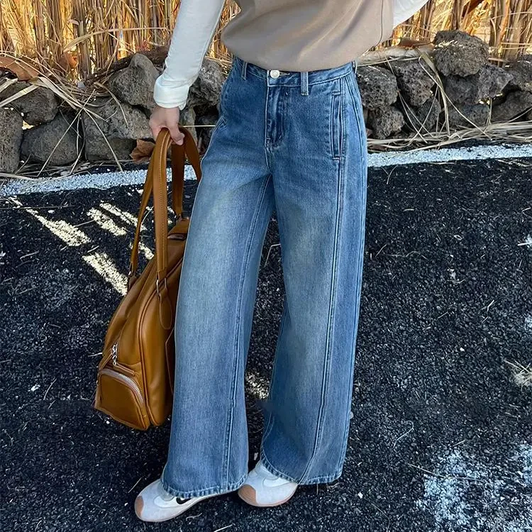 复古蓝高腰阔腿牛仔裤女秋季新款宽松显瘦小个子百搭垂感直筒裤子