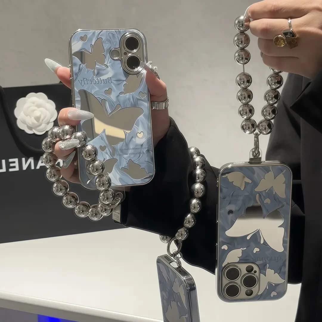 适用镜面蝴蝶女款苹果16/15手机壳vivo华为p70小米15oppo手链全包
