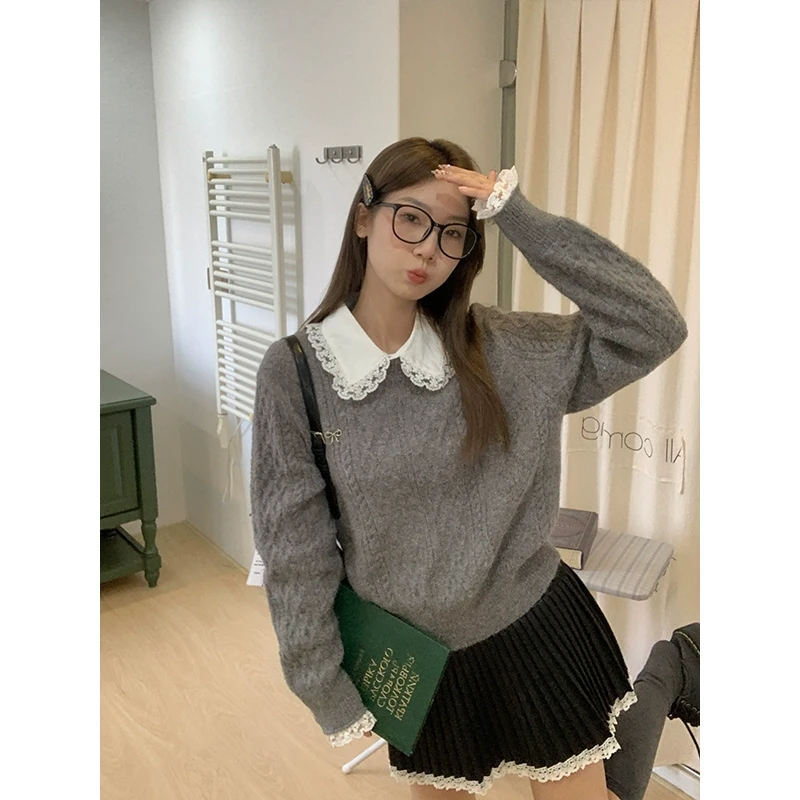 【年货捡漏】乌77少女感蕾丝花边麻花毛衣女百搭娃娃领针织衫上衣