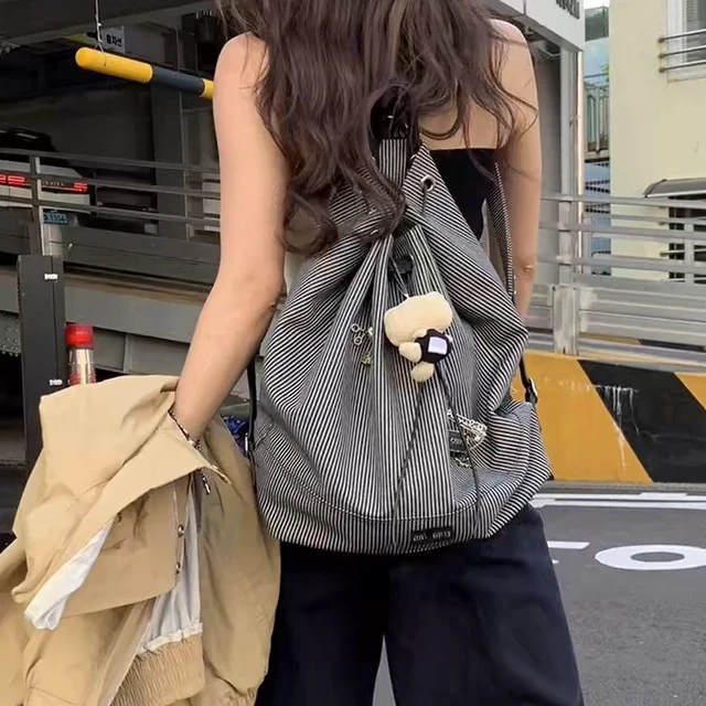 学生休闲双肩包包女2025夏季新款潮韩国条纹帆布包百搭大容量背包