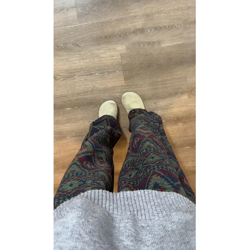 民族风撞色针织裤子男冬款国潮提花阔腿裤设计高级感直筒休闲卫裤