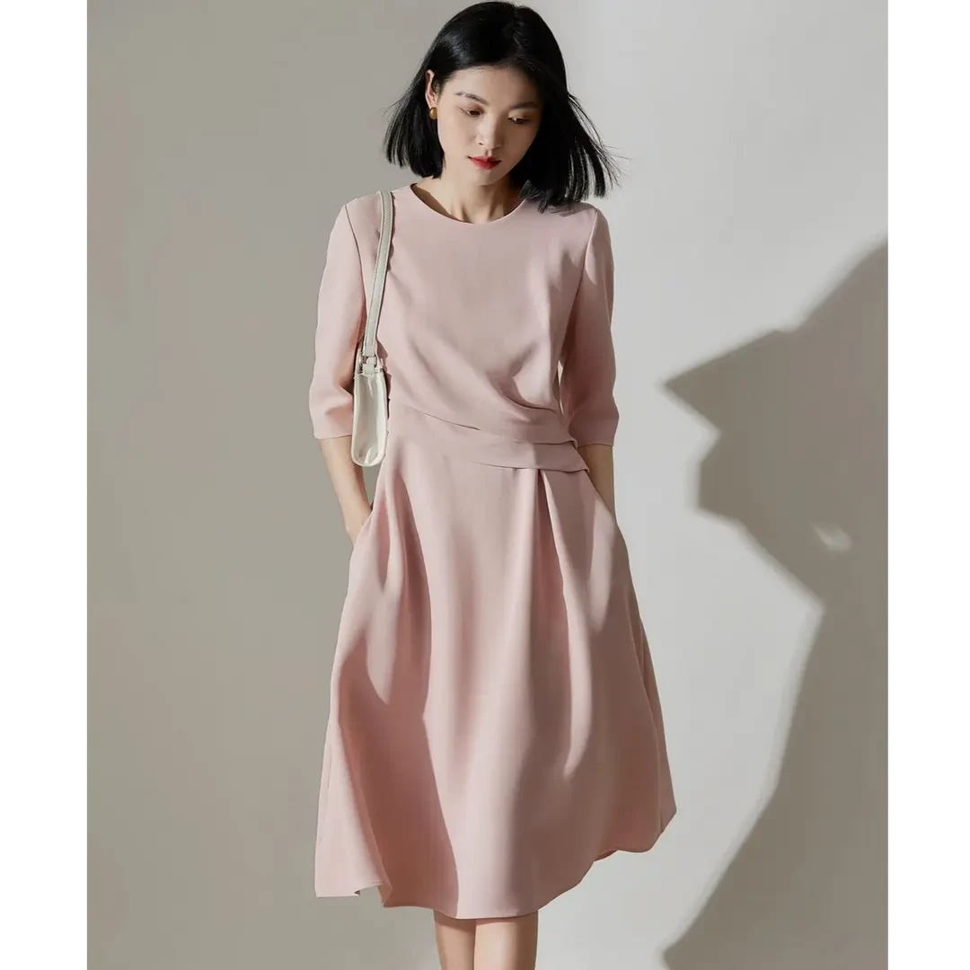 大码高端轻奢仿醋酸连衣裙女夏季胖mm法式气质收腰捏褶显瘦中长裙