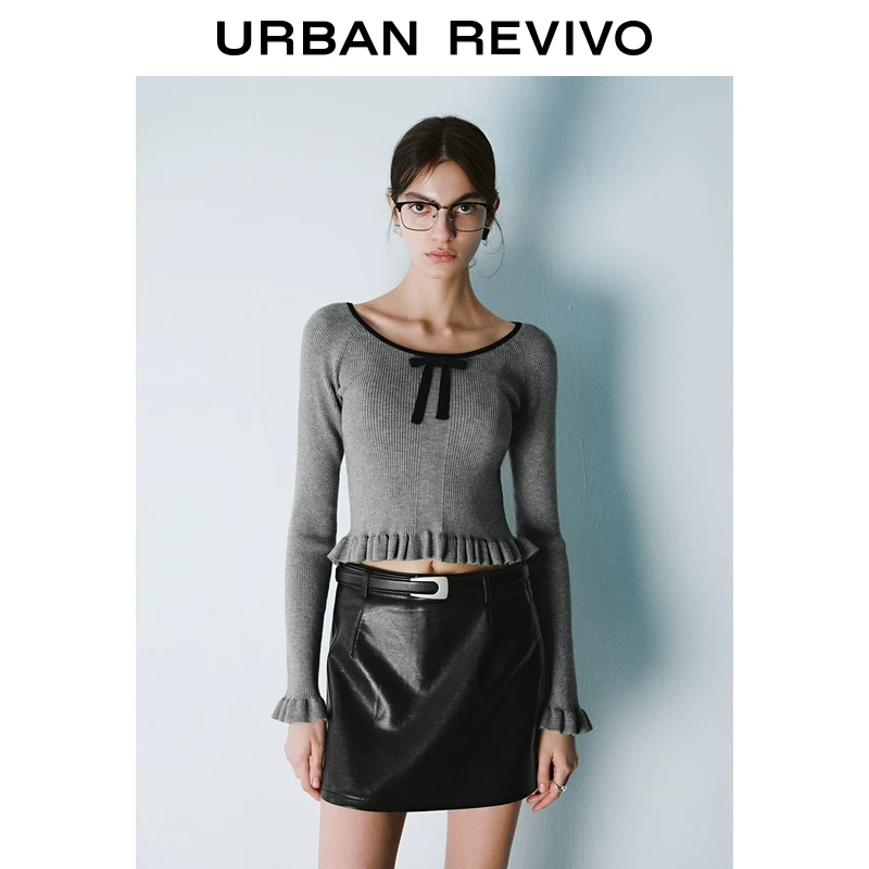 UR2025春季新款女装欧若风芭蕾风撞色蝴蝶结修身针织衫UYY950005
