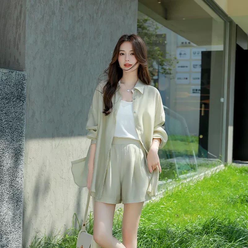 天丝防晒套装女2025新款韩版衬衫背心短裤三件套夏季穿搭一整套薄